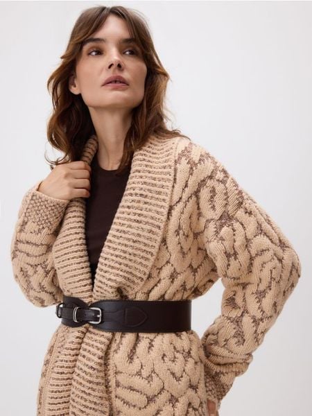 Kardigan z paskiem - kremowy. Białe swetry Reserved, l, bez wzorów, z dzianiny, bez ramiączek. Za 259.99 zł.