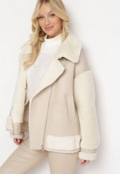 Jasnobeżowa Kurtka Ramoneska z Kożuszkiem Zirara. Brązowe kurtki Born2be, l, z aplikacjami, z futra, eleganckie, bez kaptura. W wyprzedaży za 220.49 zł.