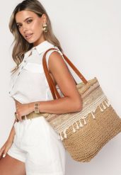 Brązowa Torebka Shopper z Plecionki Wykończona Chwostami Rivantiha. Brązowe shopper bag Born2be, bez wzorów, z bawełny, klasyczne, małe, bez dodatków. W wyprzedaży za 67.99 zł.