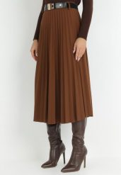 Brązowa Spódnica Plisowana z Paskiem Onie. Brązowe spódnice Born2be, na co dzień, bez wzorów, eleganckie, midi, koszulowe. W wyprzedaży za 84.99 zł.