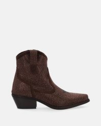 ZAMSZOWE KOWBOJKI Z BŁYSZCZĄCYMI KAMIENIAMI DX656 ING MORO. Botki Venezia, bez wzorów, ze skóry, bez obcasa, bez zapięcia. Za 499.00 zł.