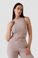 GUESS Różowy damski tank top prążkowany Edie, Rozmiar M. Czerwone topy Guess, m, z aplikacjami, z jeansu, bez kołnierzyka, bez ramiączek. Za 189.99 zł.