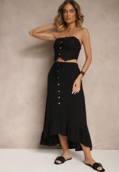 Czarna Spódnica z Przedłużonym Tyłem Zdobiona Falbanami i Guzikami Maleira. Czarne spódnice Renee, na co dzień, l, z aplikacjami, boho, midi, asymetryczne. W wyprzedaży za 47.99 zł.