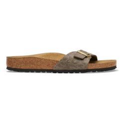 Birkenstock Madrid SYN Gray Taupe Klapki damskie. Szare klapki Birkenstock, bez wzorów, z jeansu, klasyczne, bez obcasa, bez zapięcia. Za 369.99 zł.