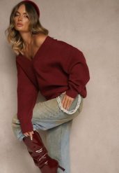 Bordowy Sweter z Kaszmirem i Trójkątnym Dekoltem Plenne. Czerwone swetry Renee, bez wzorów, z kaszmiru, casualowe, bez ramiączek. Za 139.99 zł.