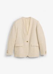 Żakiet bez kołnierzyka, z czystego lnu. Brązowe marynarki i żakiety bonprix, bez wzorów, eleganckie, bez ramiączek. Za 129.99 zł.