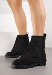 Czarne Botki z Imitacji Zamszu z Wywiniętą Cholewką Rilesea. Czarne botki Born2be, bez wzorów, z dzianiny, eleganckie, bez obcasa, na płaskiej podeszwie, bez zapięcia. Za 119.99 zł.