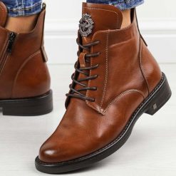Brązowe zimowe płaskie botki damskie Potocki 12179. Brązowe botki POTOCKI, z aplikacjami, ze skóry, eleganckie, bez obcasa, na obcasie, bez zapięcia. Za 229.00 zł.