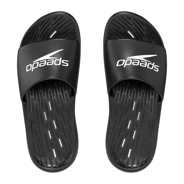 Klapki basenowe antypoślizgowe damskie Speedo Slides. Czarne klapki Speedo, bez wzorów, sportowe, bez obcasa, bez zapięcia. Za 79.99 zł.