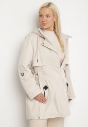 Jasnobeżowa Kurtka Typu Parka z Kapturem i Podpinanymi Rękawami Falunea. Brązowe płaszcze Born2be, plus size, bez wzorów, z jeansu, eleganckie, z kapturem. Za 229.99 zł.