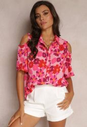 Fuksjowa Koszula Open Shoulder w Kwiatowy Print Veconda. Czerwone koszule Renee, xl, bez wzorów, bez kołnierzyka, bez ramiączek. W wyprzedaży za 35.99 zł.