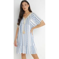 Niebieska Sukienka Sophoreia. Niebieskie sukienki Born2be, xl, z aplikacjami, boho, bez kołnierzyka, bez ramiączek, mini, rozkloszowane. Za 149.99 zł.