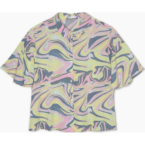 Koszula z krótkim rękawem tie-dye - Turkusowy. Niebieskie koszule Cropp, l, bez wzorów, bez kołnierzyka, bez ramiączek. W wyprzedaży za 39.99 zł.