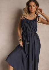 Granatowa Wiskozowa Sukienka Boho na Wiązanych Ramiączkach z Paskiem z Plecionki Miratera. Niebieskie sukienki Renee, na co dzień, m, bez wzorów, z materiału, boho, bez kołnierzyka, bez ramiączek, maxi. W wyprzedaży za 119.99 zł.