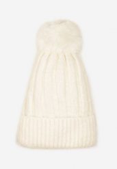 Jasnobeżowa Czapka z Prążkowanego Materiału z Pomponem Vamieska. Brązowe czapki zimowe Born2be, bez wzorów, prążkowane, eleganckie. Za 29.99 zł.