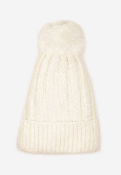 Jasnobeżowa Czapka z Prążkowanego Materiału z Pomponem Vamieska. Brązowe czapki zimowe Born2be, bez wzorów, prążkowane, eleganckie. Za 29.99 zł.