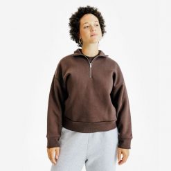 Bluza ze stójką na suwak damska Elementals. Brązowe bluzy Decathlon, xs, bez wzorów, z bawełny, bez ramiączek, bez kaptura. Za 179.99 zł.