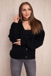 Sweter zapinany na guziki z ozdobnym splotem czarny. Czarne swetry KESI, l, bez wzorów, z wełny, eleganckie, plus size, bez ramiączek. Za 158.92 zł.