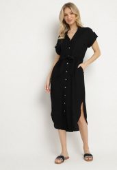 Czarna Wiskozowa Rozkloszowana Sukienka Koszulowa z Materiałowym Paskiem Katessae. Czarne sukienki Born2be, na co dzień, l, bez wzorów, z materiału, eleganckie, bez kołnierzyka, bez ramiączek, midi, koszulowe. Za 139.99 zł.