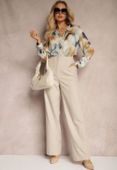 Beżowe Szerokie Spodnie z Imitacją Kieszeni Garniturowe High Waist Iriniael. Brązowe jeansy Renee, l, bez wzorów, z jeansu, z podwyższonym stanem. W wyprzedaży za 80.99 zł.