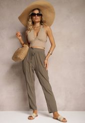 Ciemnozielone Spodnie Paper Bag High Waist z Bawełny z Gumką w Talii Emorea. Zielone jeansy Renee, m, bez wzorów, z bawełny, eleganckie, z podwyższonym stanem. W wyprzedaży za 31.99 zł.