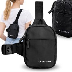 Mini saszetka na ramię Wozinsky wodoodporna dwukomorowa na zamek czarna. Czarne nerki i saszetki Wozinsky, bez wzorów, sportowe, bez dodatków. Za 49.99 zł.