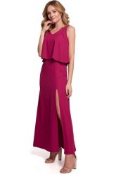 Długa zmysłowa sukienka z falbaną i rozcięciem burgundowa. Czerwone sukienki Sukienki.shop, na imprezę, xl, bez wzorów, eleganckie, bez kołnierzyka, bez ramiączek, maxi. Za 349.00 zł.