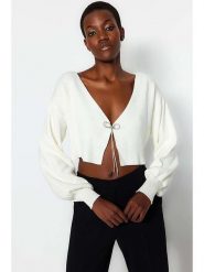 Trendyol Kardigan w kolorze białym rozmiar: L. Białe swetry Trendyol, l, bez wzorów, bez ramiączek. Za 79.45 zł.