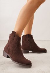 Brązowe Ażurowe Botki na Słupku Typu Kowbojki Iolerine. Brązowe botki Renee, w ażurowe wzory, z jeansu, bez obcasa, na płaskiej podeszwie, bez zapięcia. Za 159.99 zł.