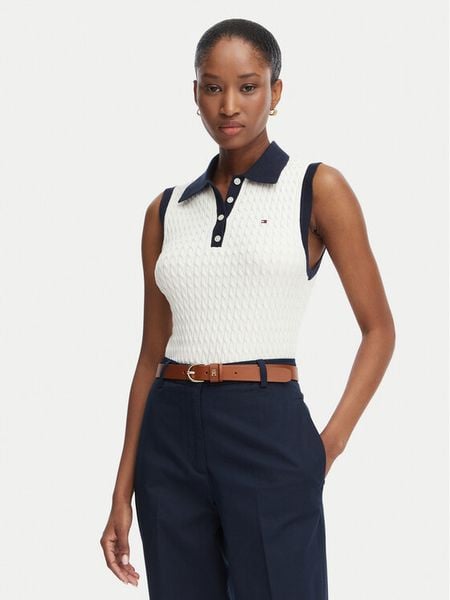 Tommy Hilfiger Sweter Fine Gg Cable WW0WW50102 Kremowy Regular Fit. Białe swetry Tommy Hilfiger, l, bez wzorów, z bawełny, bez ramiączek. Za 489.99 zł.