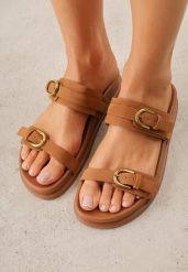 Brązowe Klapki z Dwoma Paskami i Klamrami Cevinra. Brązowe klapki Born2be, bez wzorów, eleganckie, bez obcasa, na płaskiej podeszwie, bez zapięcia. Za 79.99 zł.