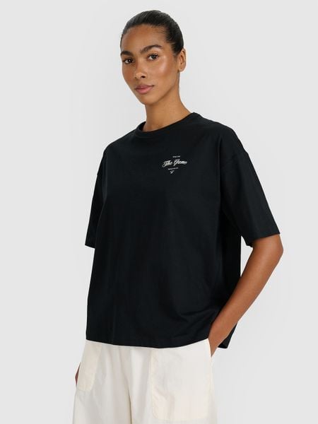 4F T-shirt oversize z nadrukiem damski - czarny L. Czarne t-shirty sportowe 4f, l, bez wzorów, z bawełny, bez ramiączek. W wyprzedaży za 39.99 zł.