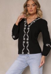 Czarna Koszula z Wiskozą z Dekoltem V Zdobiona Haftem z Motywem Kwiatowym Gonarrae. Czarne koszule Renee, l, z aplikacjami, z jeansu, eleganckie, bez kołnierzyka, bez ramiączek. W wyprzedaży za 97.49 zł.