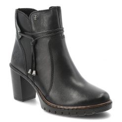 Botki damskie Rieker o eleganckim fasonie z ozdobnym wiązaniem i stabilnym obcasem typu słupek czarne, Y2567-00 Black. Czarne botki Rieker, bez wzorów, z jeansu, eleganckie, bez obcasa, na obcasie, bez zapięcia. Za 339.99 zł.