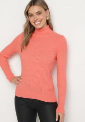 Różowy Golf w Prążki Allelina. Czerwone swetry Born2be, m, bez wzorów, z jeansu, eleganckie, bez ramiączek. W wyprzedaży za 67.99 zł.