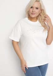 Biały Bawełniany T-shirt z Ozdobnym Napisem i Cyrkoniami Olisandra. Białe t-shirty Born2be, plus size, z aplikacjami, z bawełny, klasyczne, bez kołnierzyka, bez ramiączek. Za 69.99 zł.