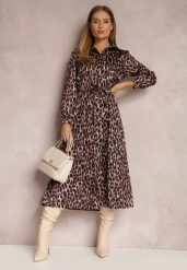 Brązowa Sukienka Forkedchomp. Brązowe sukienki Renee, m, bez wzorów, z materiału, eleganckie, bez kołnierzyka, bez ramiączek, midi. W wyprzedaży za 127.99 zł.