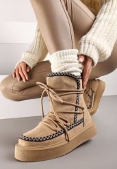 Ciemnobeżowe Śniegowce na Grubej Podeszwie Ozdobione Sznurowaniem Melindria. Brązowe śniegowce Born2be, bez wzorów, z jeansu, bez zapięcia. Za 79.99 zł.