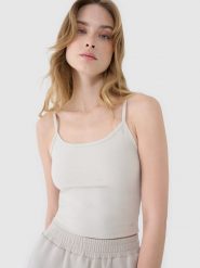 4F Crop-top slim damski - beżowy L. Brązowe topy 4f, l, bez wzorów, z dzianiny, sportowe, bez kołnierzyka, bez ramiączek. Za 29.99 zł.