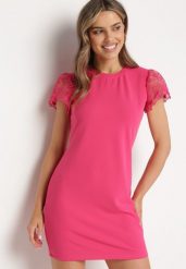 Fuksjowa Dopasowana Sukienka z Koronkowym Rękawkiem Cidariana. Czerwone sukienki Born2be, na imprezę, m, bez wzorów, z koronki, eleganckie, bez kołnierzyka, bez ramiączek, mini, dopasowane. Za 89.99 zł.