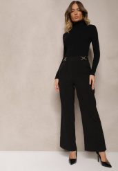 Czarne Spodnie High Waist o Szerokim Fasonie z Paskiem i Złotym Metalicznym Detalem Eniarra. Czarne jeansy Renee, l, bez wzorów, z jeansu, biznesowe, z podwyższonym stanem. W wyprzedaży za 83.99 zł.