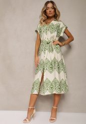 Zielono-Beżowa Sukienka Boho na Guziki z Wiskozą Ozdobiona Paskiem Mosofia. Zielone sukienki Renee, na co dzień, l, bez wzorów, z tkaniny, boho, bez kołnierzyka, bez ramiączek, midi, proste. W wyprzedaży za 107.99 zł.