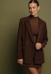 Brązowa Dwurzędowa Marynarka w Stylu Oversize Clazara. Brązowe marynarki i żakiety Born2be, l, bez wzorów, z jeansu, bez ramiączek. Za 139.99 zł.