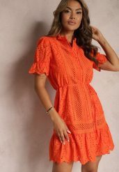 Pomarańczowa Sukienka Boho z Bawełny Ozdobiona Ażurowym Wzorem Falbaną i Przewiązana Paskiem Nelah. Brązowe sukienki Renee, na co dzień, l, w ażurowe wzory, z bawełny, boho, bez kołnierzyka, bez ramiączek, midi, proste. W wyprzedaży za 146.99 zł.