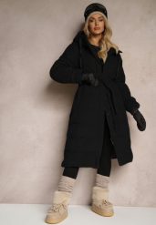 Czarna Kurtka z Kapturem Paskiem i Rozcięciami na Napy Zdobiona Pikowanymi Przeszyciami Semandira. Czarne kurtki Renee, l, z aplikacjami, eleganckie, z kapturem. Za 269.99 zł.