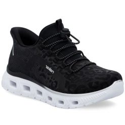 Buty damskie sportowe Rieker M6066-01 czarne. Czarne buty treningowe bez wzorów, z materiału, bez zapięcia. W wyprzedaży za 467.80 zł.