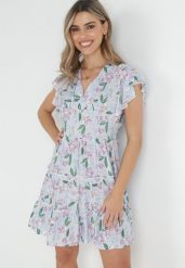 Jasnofioletowa Sukienka Taliowana z Wiskozy w Kwiaty Adomisia. Fioletowe sukienki Born2be, m, bez wzorów, z wiskozy, bez kołnierzyka, bez ramiączek, mini. Za 99.99 zł.