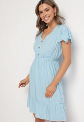 Niebieska Rozkloszowana Bawełniana Sukienka z Guzikami i Falbanami Natinema. Niebieskie sukienki Born2be, na co dzień, l, bez wzorów, z bawełny, bez kołnierzyka, bez ramiączek, rozkloszowane. Za 49.99 zł.