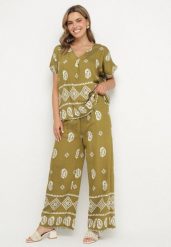 Zielono-Biały Bawełniany Komplet Koszula i Szerokie Spodnie w Stylu Boho Ollirive. Zielone koszule Born2be, l, z aplikacjami, z bawełny, boho, bez kołnierzyka, bez ramiączek. Za 89.99 zł.