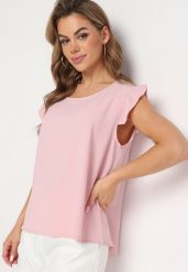 Jasnoróżowy Top Koszulka bez Rękawów z Falbanką Vivolia. Czerwone topy Born2be, xl, bez wzorów, z materiału, bez kołnierzyka, bez ramiączek. Za 59.99 zł.